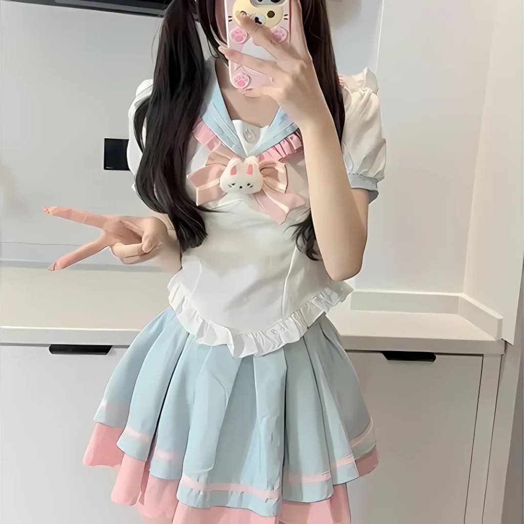 Kawaii Bunny Blush Uniform with Peter Pan collar and bunny bow, ideal for DDLG play or cosplay outfits