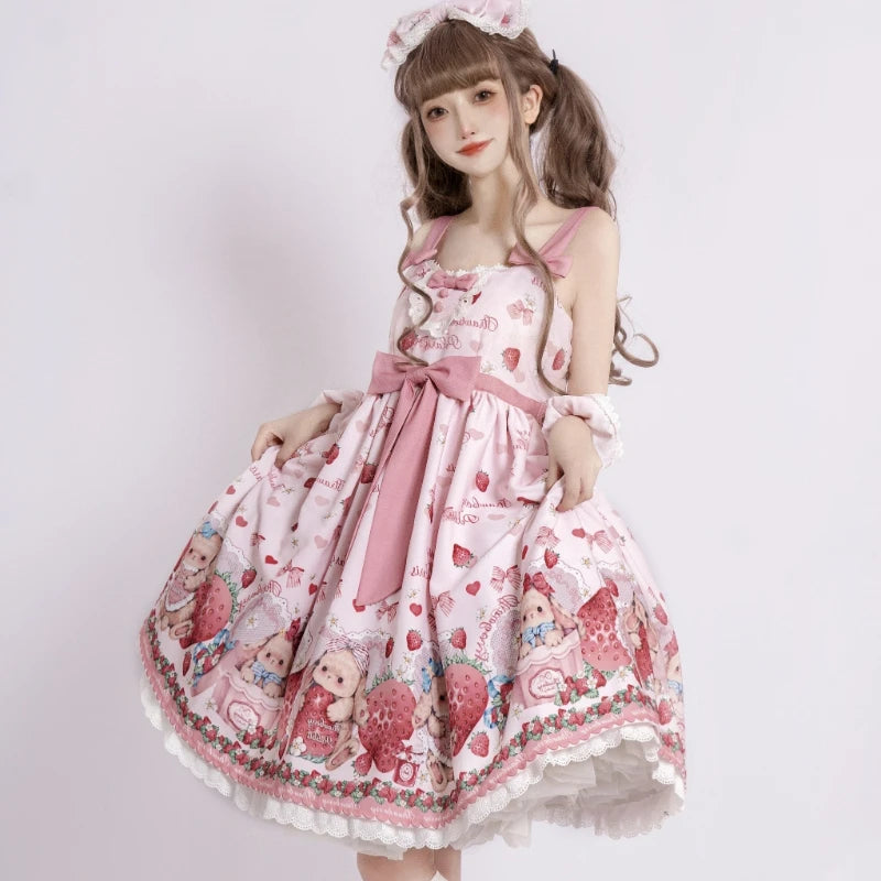 Pink Bunnycore lolita dress with adorable strawberry and bow print, perfect for tea parties and cozy days