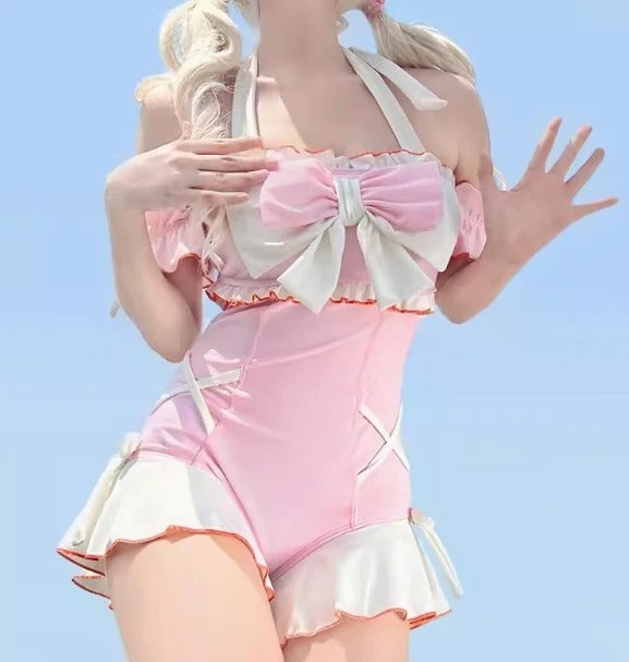 Pink Coastal Dream Cutie Onesie with soft lace, ruffles, and sweet bow detail