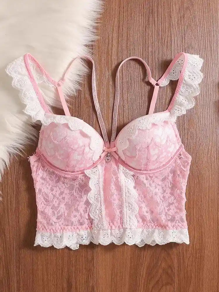 Pink Desire lace corset bra with sculpting fit and sparkle accents, sexy kawaii ddlg goddess lingerie