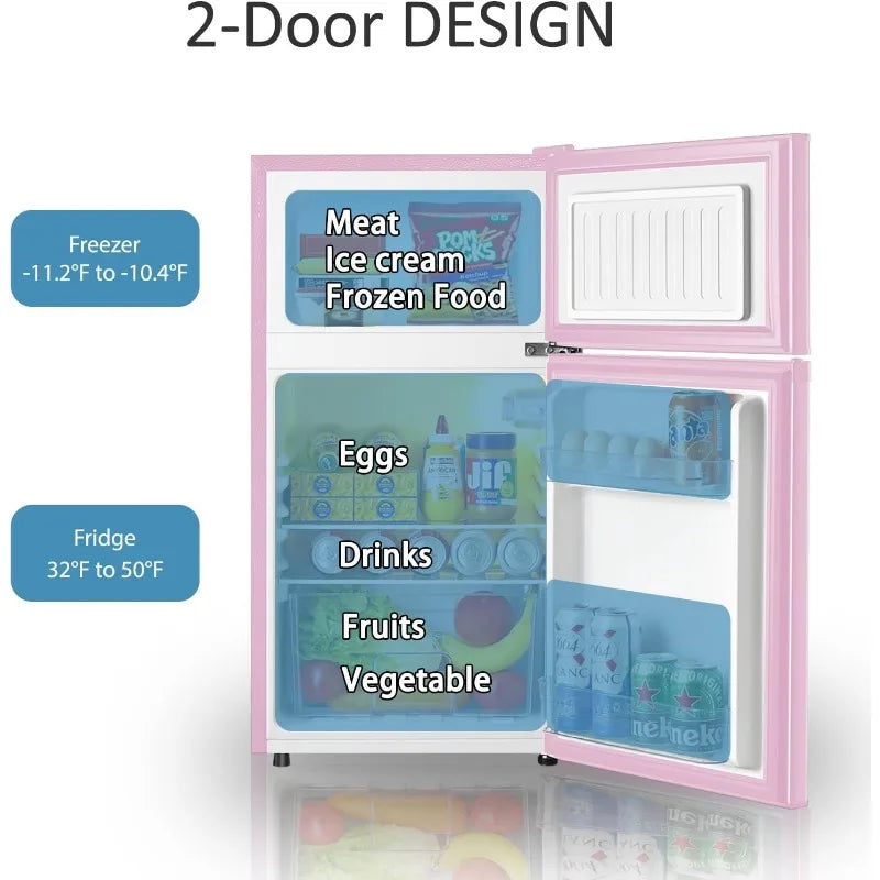 Pink fridge featuring bright LED light and adjustable feet for stable setup in any space