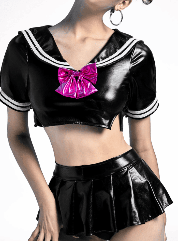 Pink latex crop top and micro skirt set sexy naughty baddie schoolgirl DDLG cosplay outfit