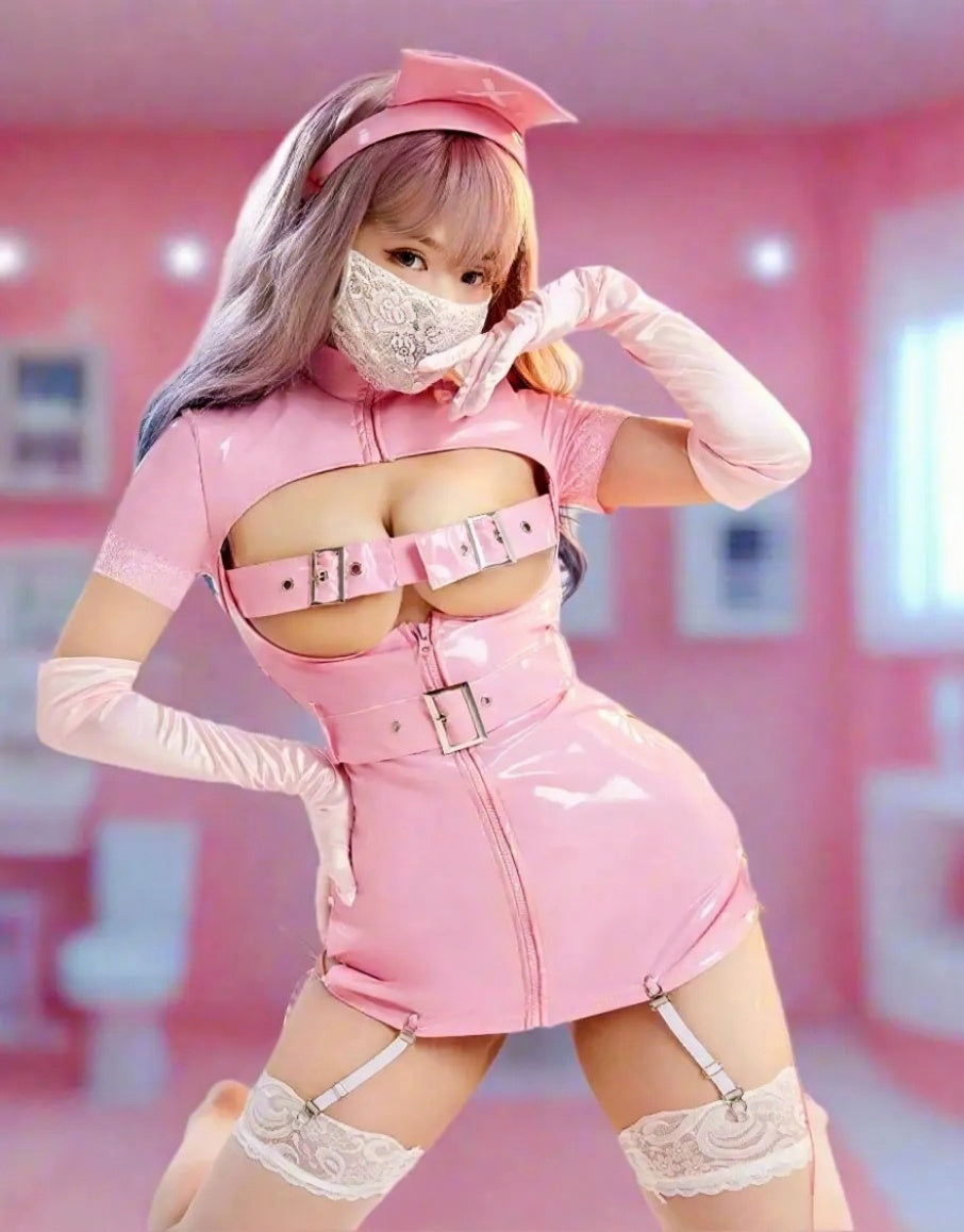 Front view of Pink Latex Nurse Set, glossy latex dress & matching accessories, kawaii, dollcore, DDLG baddie vibes