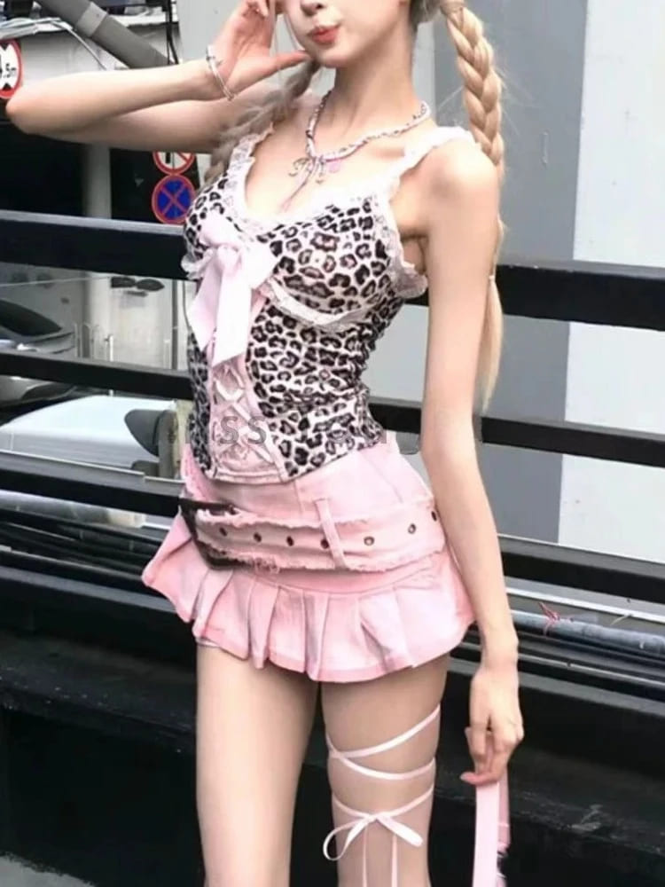 Pink leopard lingerie-inspired cami and skirt for bold baddie aesthetic