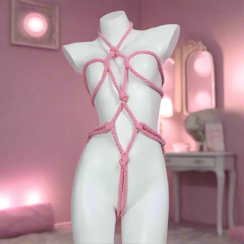 Pink Passion full-body rope in soft blush pink for playful DDLG and ABDL cutecore roleplay, adjustable for comfort and style