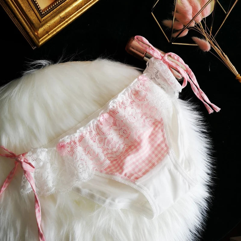 Pastel pink plaid panties featuring sweetheart shape, lacy edges, and side laces for cute kawaii style