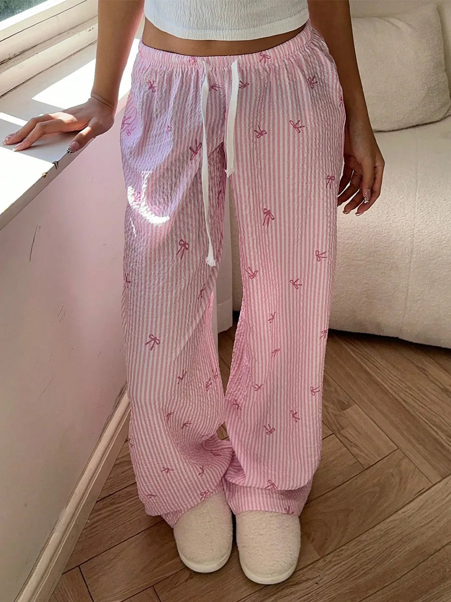 Pink Ribbon Striped Soft Slay Pants, cozy wide-leg fit for Kawaii Soft Girl style