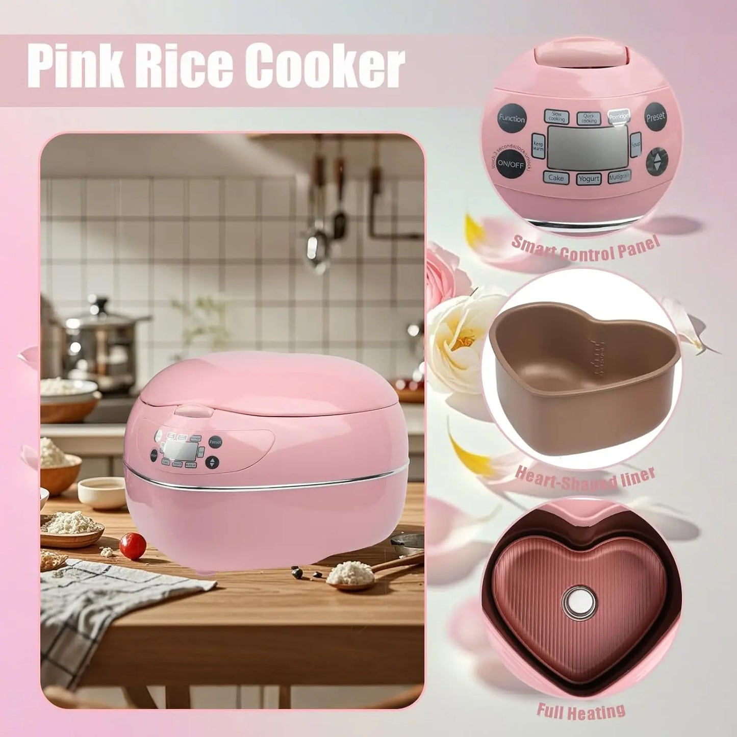 Pink rice cooker with 1.8L capacity and energy-saving 300W heating
