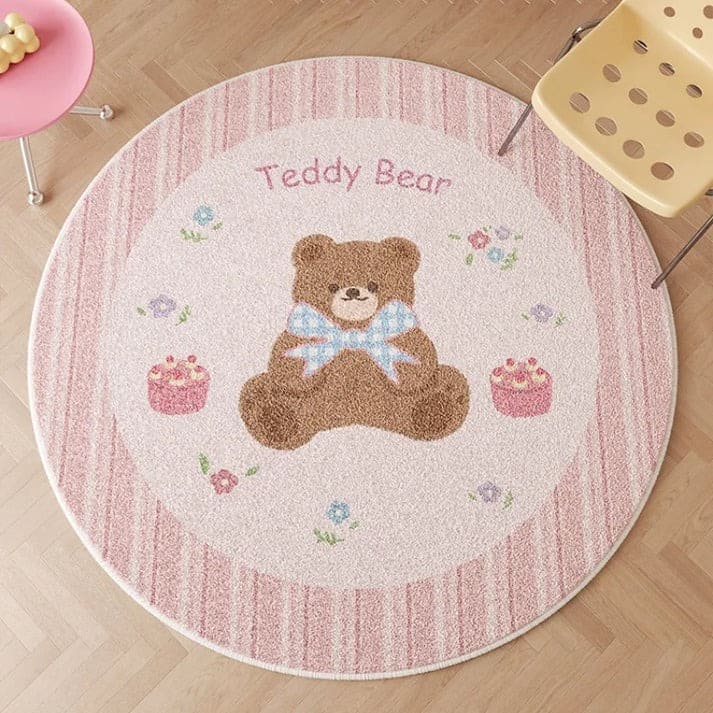 Pink teddy bear carpet in 200cm round shape, soft kawaii rug perfect for nursery, playroom, or cozy bedroom decor