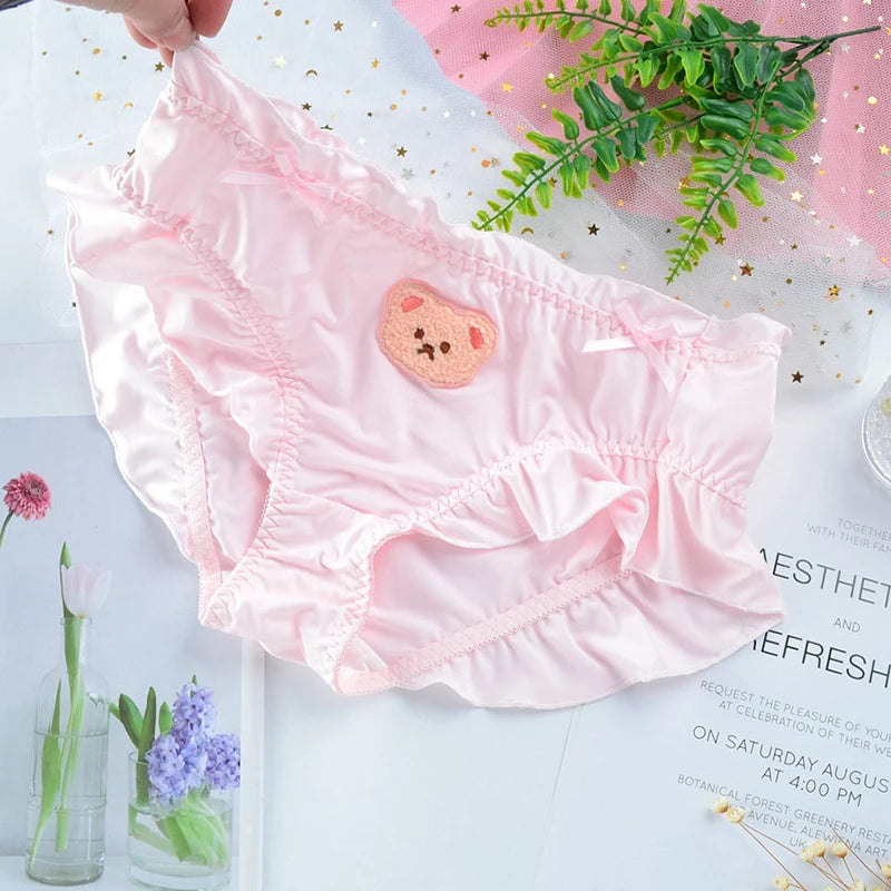 Pink adorable teddy ruffle panties with soft breathable fabric and cute teddy bear print for sleepwear