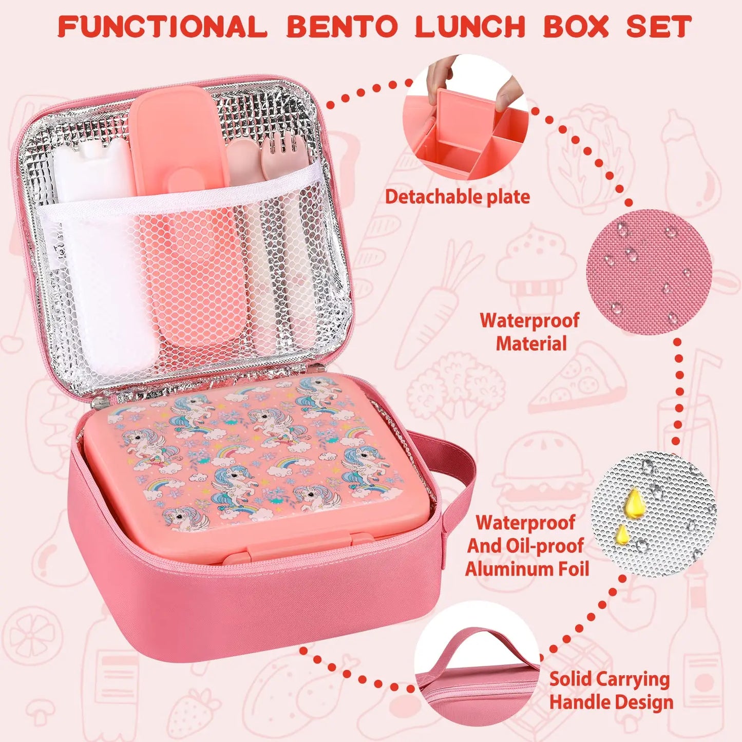 Pink kawaii unicorn lunch container set, insulated thermo, perfect for ABDL/DDLG magical meals