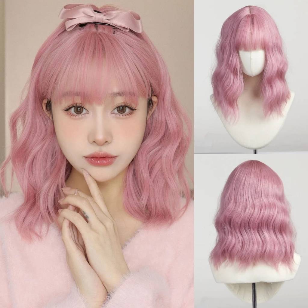 Pink wavy bob wig with layered curls and cute fringe, ideal for ddlg or babydoll outfits