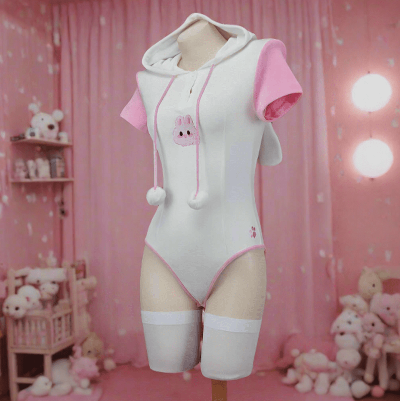 Pink and white bunny hooded onesie, ddlg abdl kawaii style for lounging, playtime, and littlespace cuddles