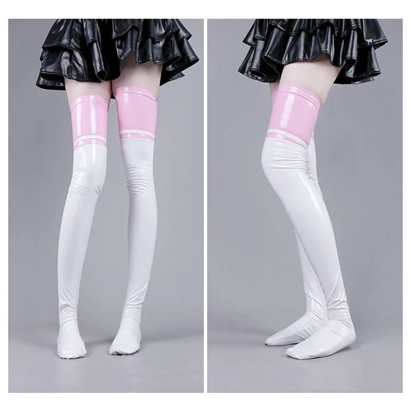 pastel pink and white latex paws stockings with animal play design, ideal for kawaii cosplay and DDLG