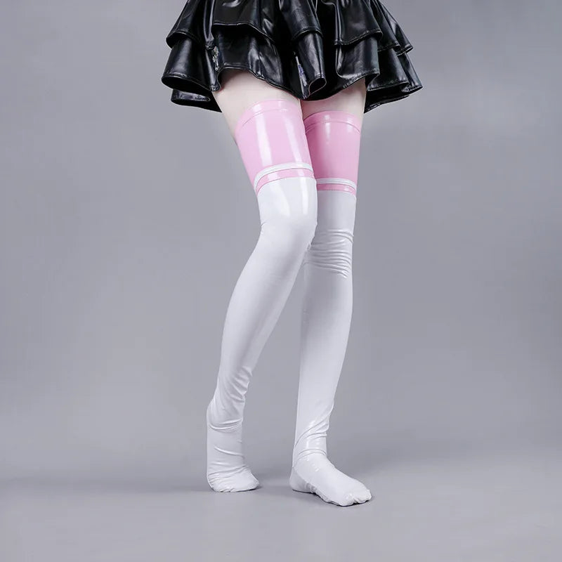 pastel pink and white latex paws stockings with soft paw design for kawaii and cutecore petplay