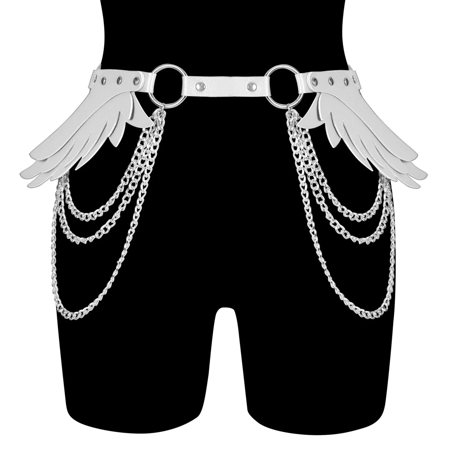 white Angel Wings Chain Belt with layered chains and angel wing accents for bold yet dreamy fashion styling