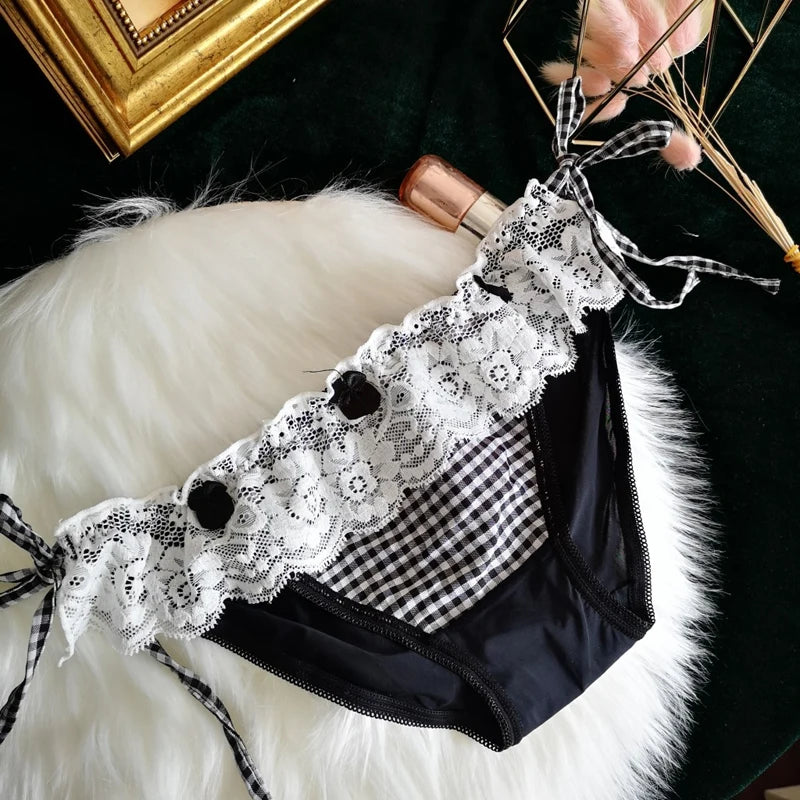 Black plaid cutie panties featuring delicate lacy trims and side laces, perfect for kawaii and dollcore outfits