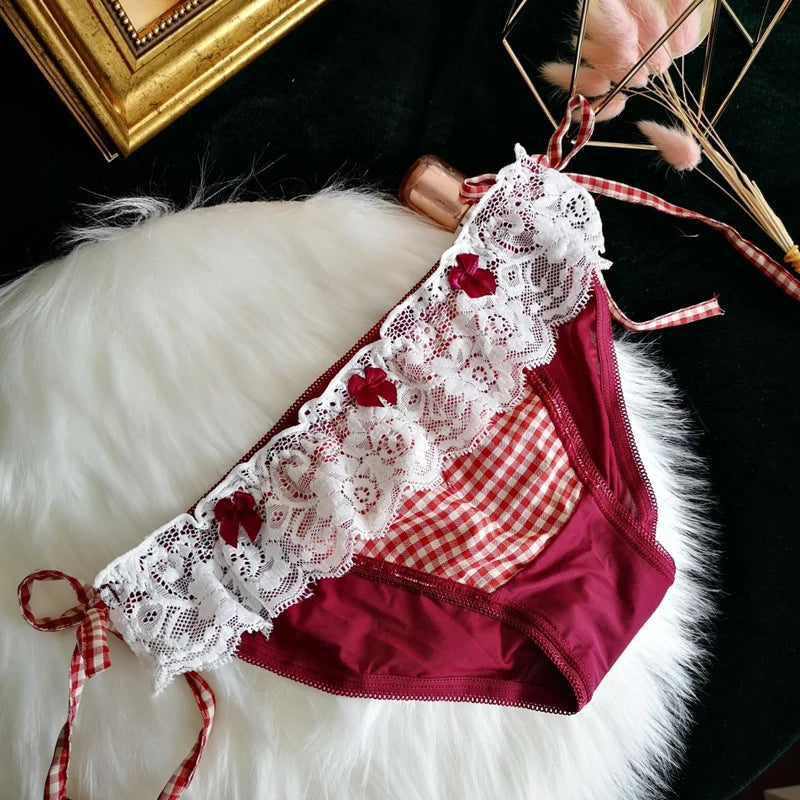 Plaid Cutie Panties in dark red with lacy trims and side laces, kawaii cutecore style