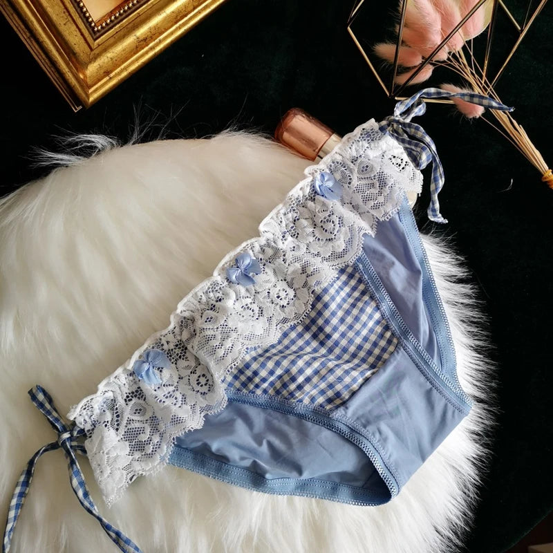 Light blue plaid cutie panties with lacy trims and side laces, perfect for cutecore and kawaii outfits