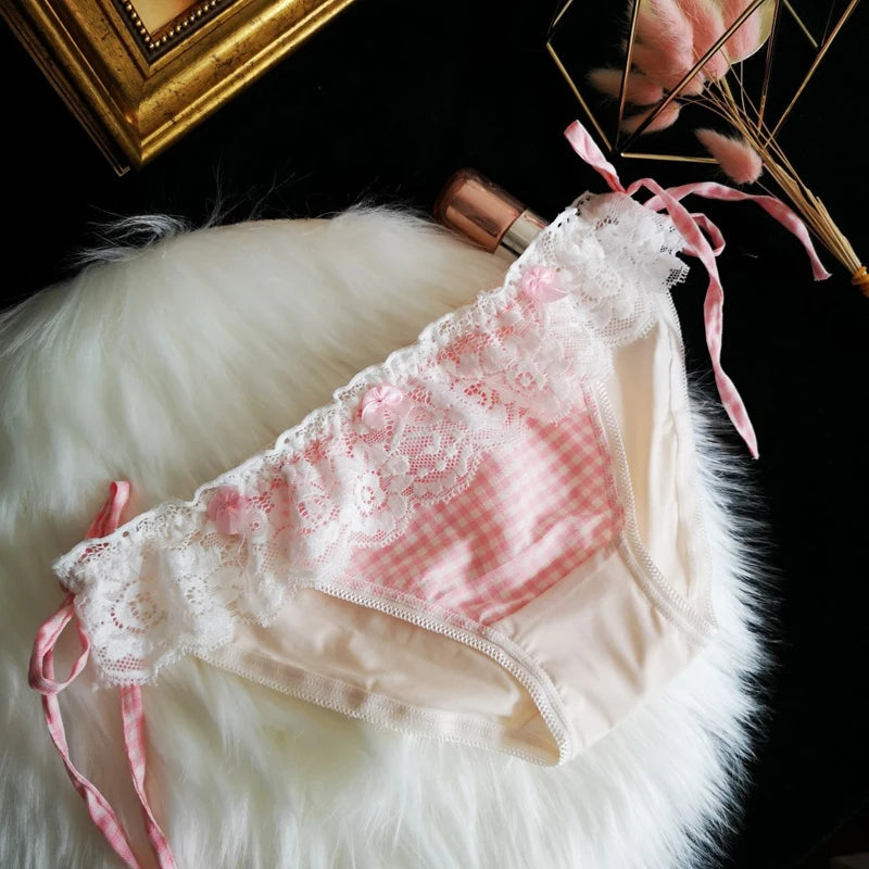 White pink plaid cutie panties with delicate lacy trims and side laces, kawaii and dollcore friendly
