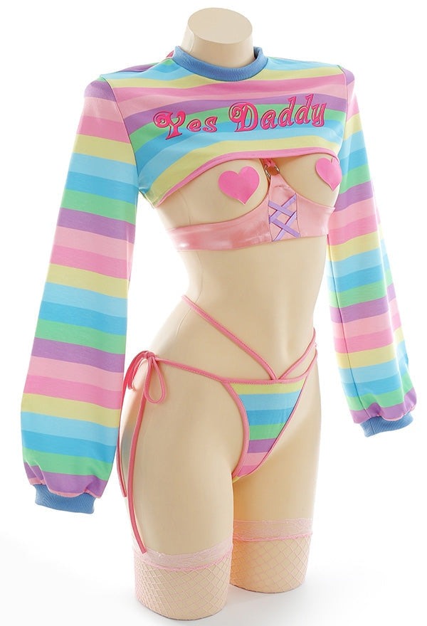 Close-up of Playtime With Daddy bolero crop top detail with โYes Daddyโ print, multicolor, cutebaddie, DDLG playful outfit