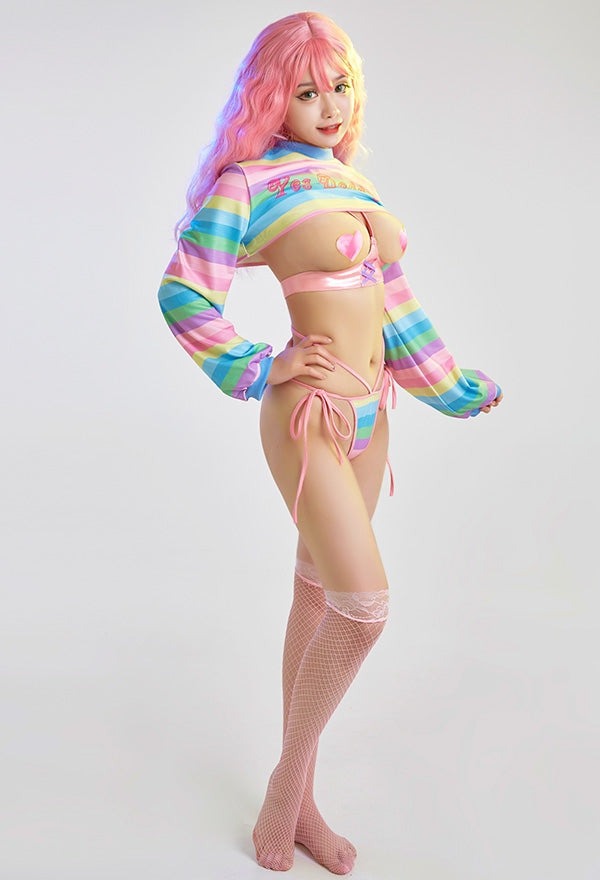 Close-up of Playtime With Daddy Full Set details, bolero crop, chest brace, nipple patches, multicolor cutebaddie, DDLG