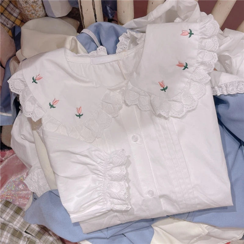 Plus size Blossom Kiss lolita top with Peter Pan collar and floral embroidery