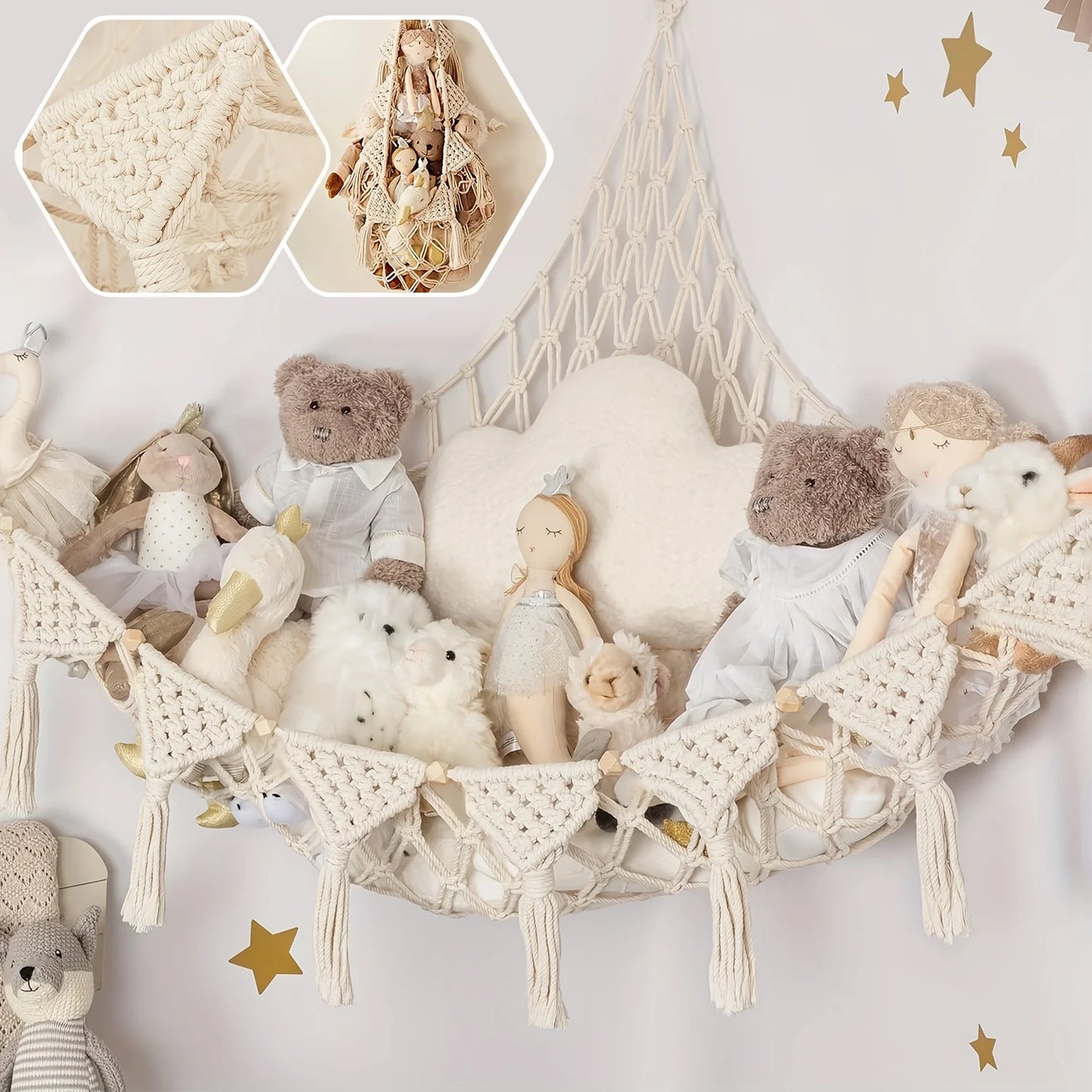 plushie storage hammock installed in bedroom displaying dolls and stuffed animals for cutecore room decor