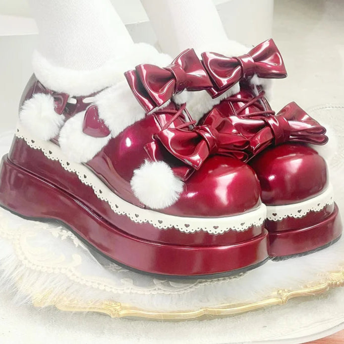 Red Pom Pom Angel Baby Platform Shoes with elegant ribbons and soft trim, perfect for babycore and ABDL styles