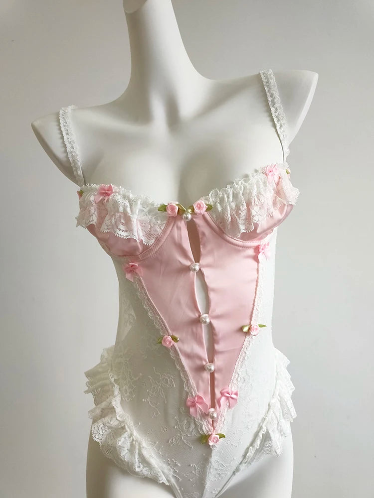 Porcelain Bloom bodysuit with romantic ruffles and delicate lace for sweet yet flirty DDLG fashion