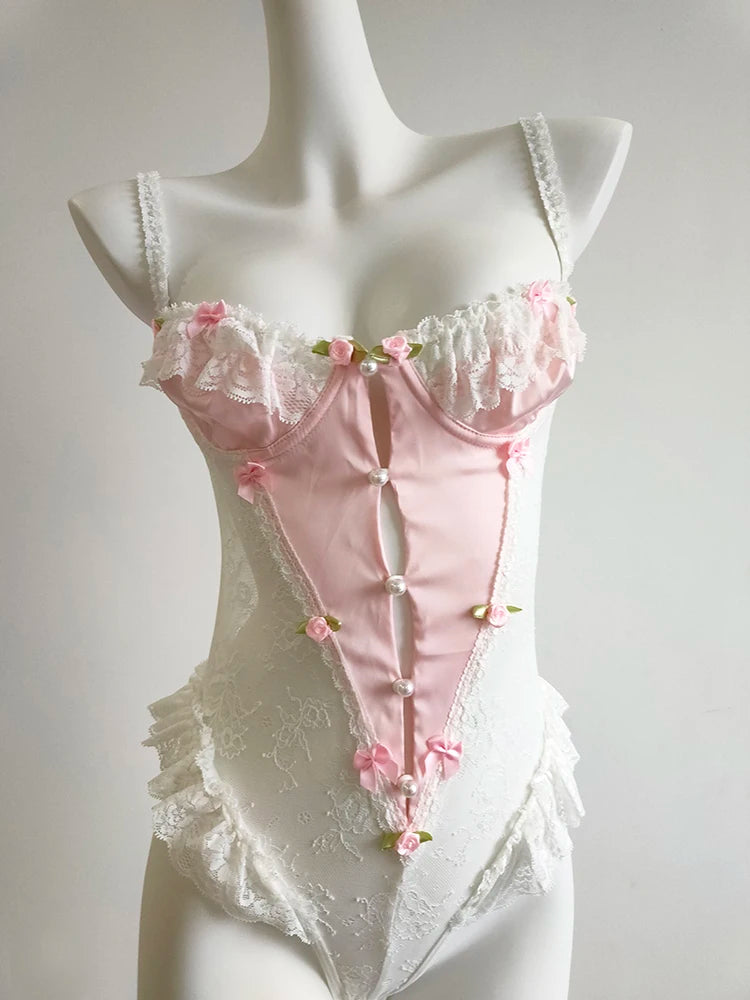 Flirty Porcelain Bloom lace bodysuit with sweet Victorian details for kawaii, softie, and ABDL play
