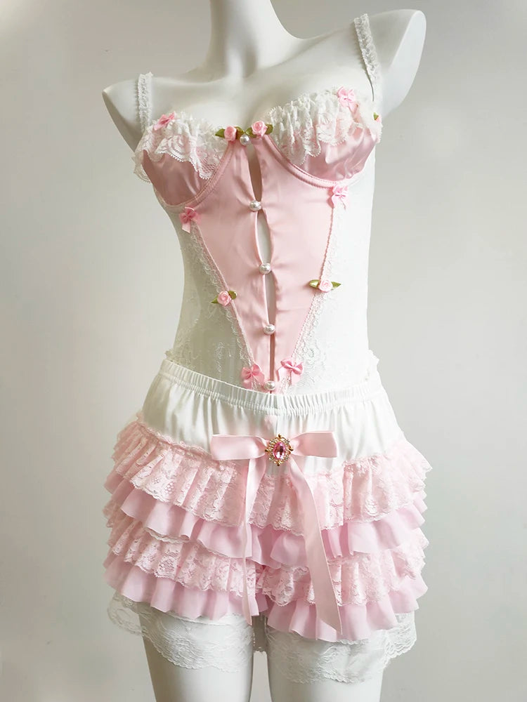 Porcelain Bloom bodysuit adorned with mini rosebuds and soft lace, ideal for cosplay, DDLG, and cutecore fashion