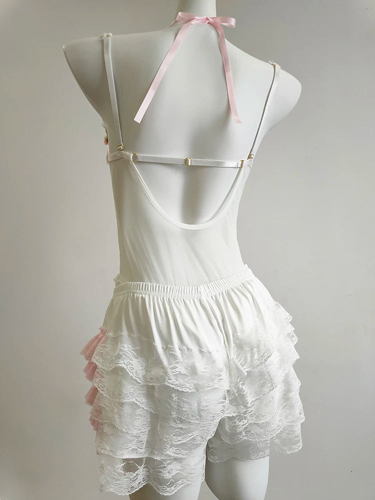 Ruffled Porcelain Bloom lingerie bodysuit with sheer mesh and delicate details for innocent but sexy doll vibes