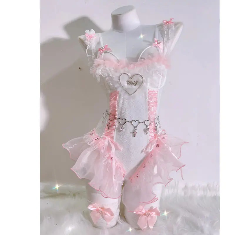 Pretty in Pink ballerina corset set with light pink lace and satin finish, adjustable lacing, heart accents, and baby script