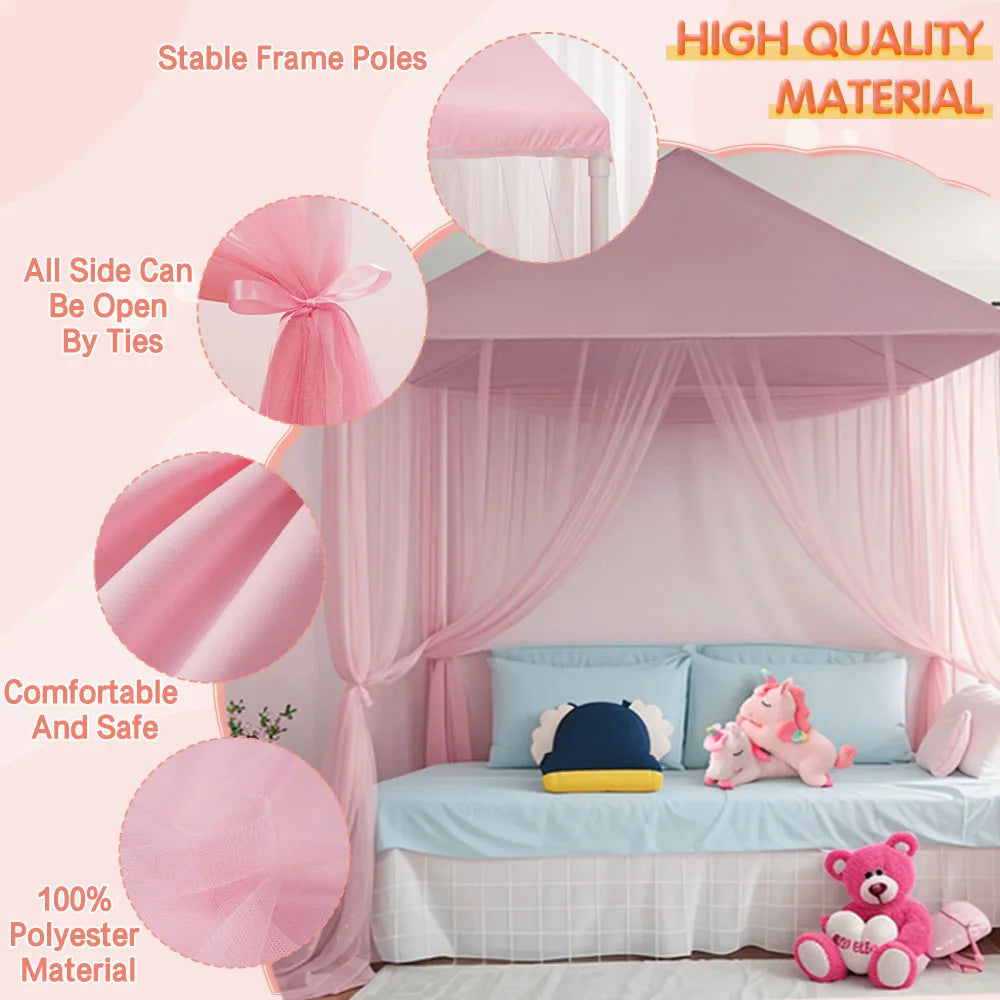 Princess canopy bed curtains with three side openings and full mosquito protection using fine mesh netting