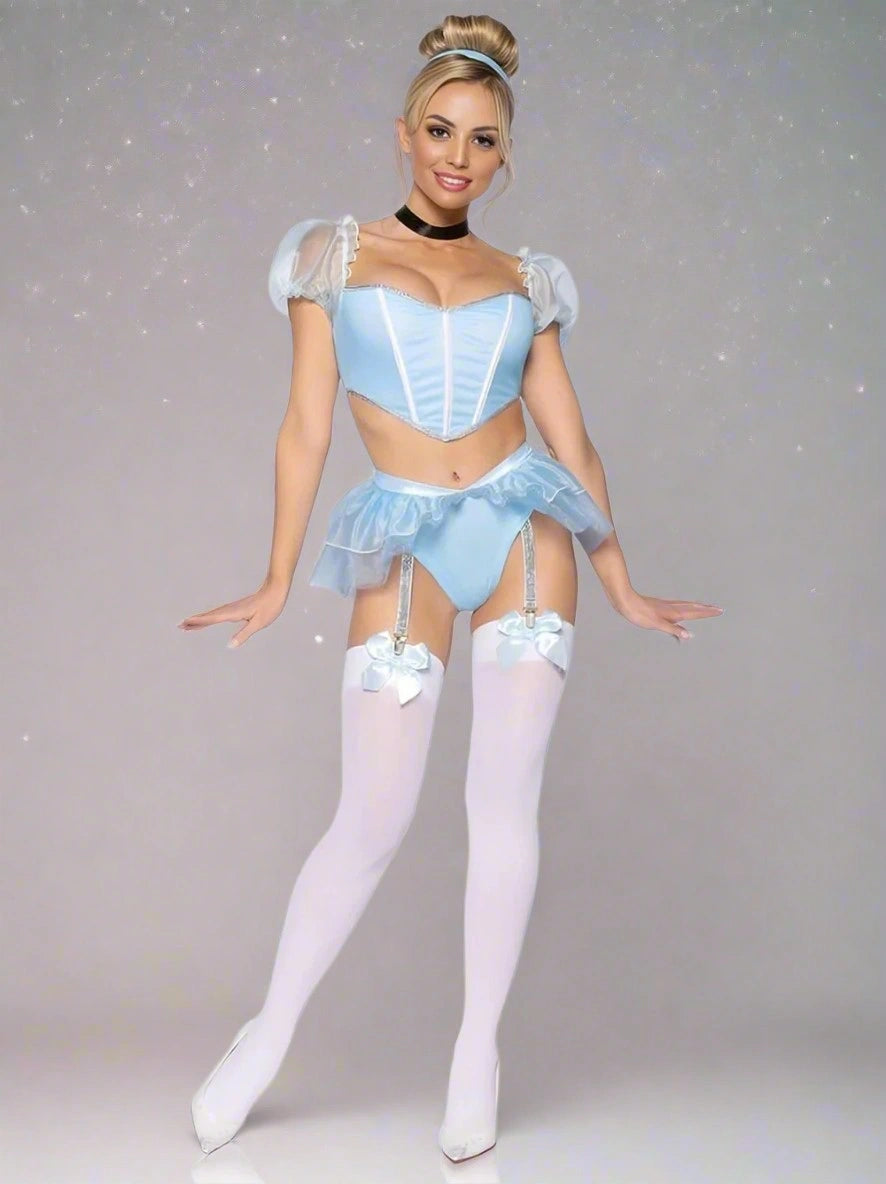 Princess Gone Wild kawaii lingerie set with corset bodice, transparent sleeves, and ruffle dollcore mini skirt