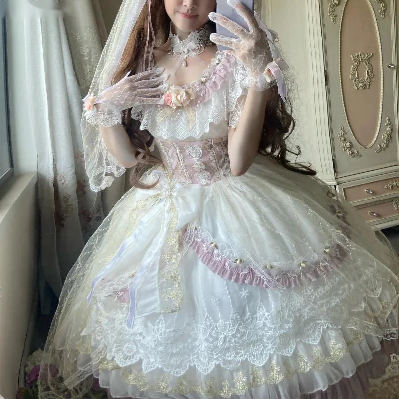 Princess-style lace dress with matching headband and gloves