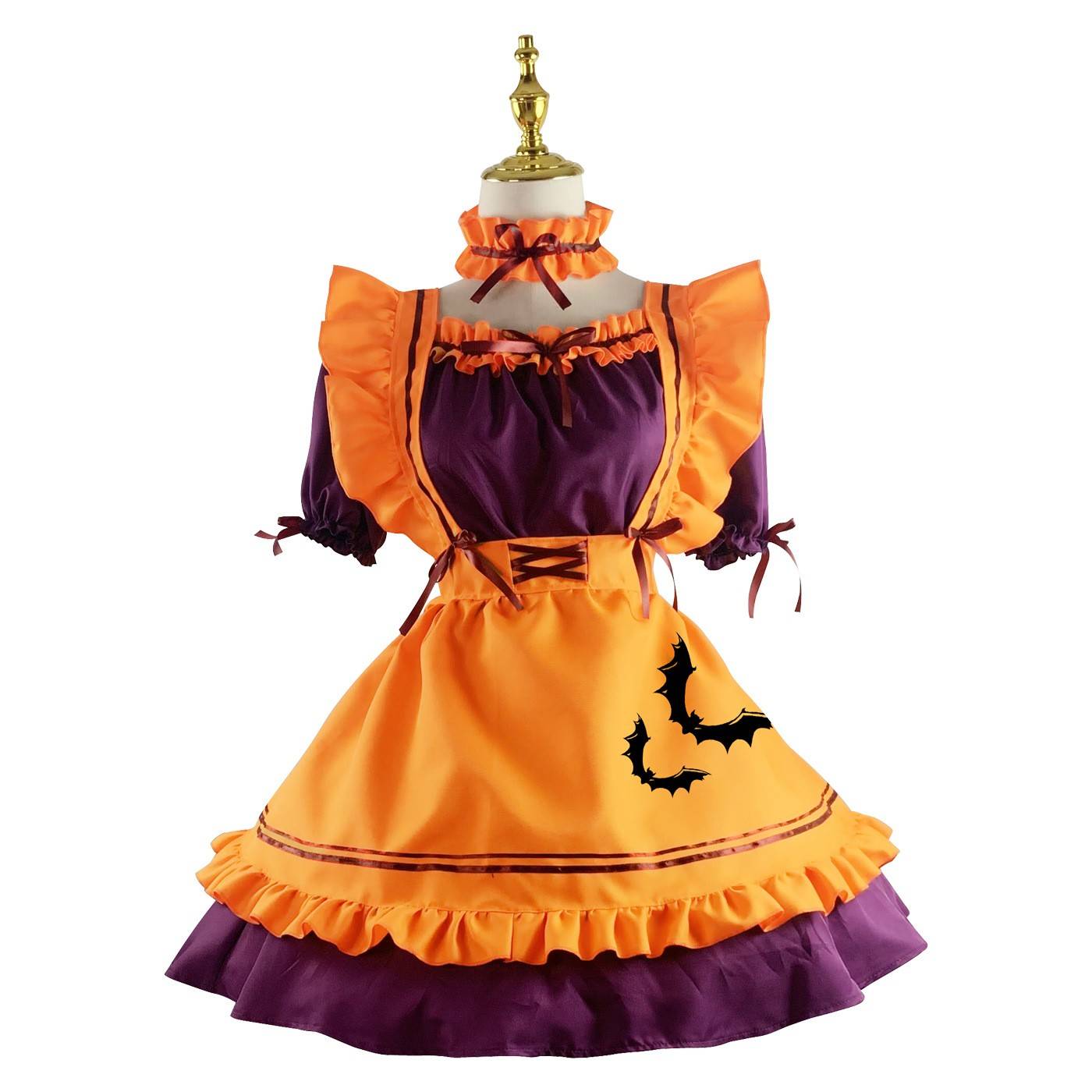 Kawaii pumpkin spice Halloween dress set with apron, headwear, sleeves, and legwear for cute DDLG ABDL autumn vibes