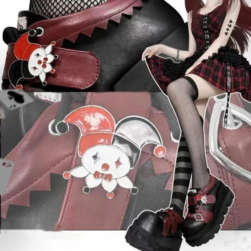 Punk street style joker platforms with daring card suit details for kawaii alternative outfits
