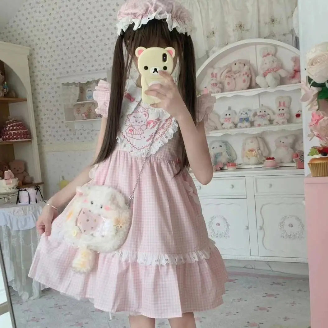 Cute Pure Angel Love Bear Dress with pastel plaid, frills, and angelic bear accents for little space fashion