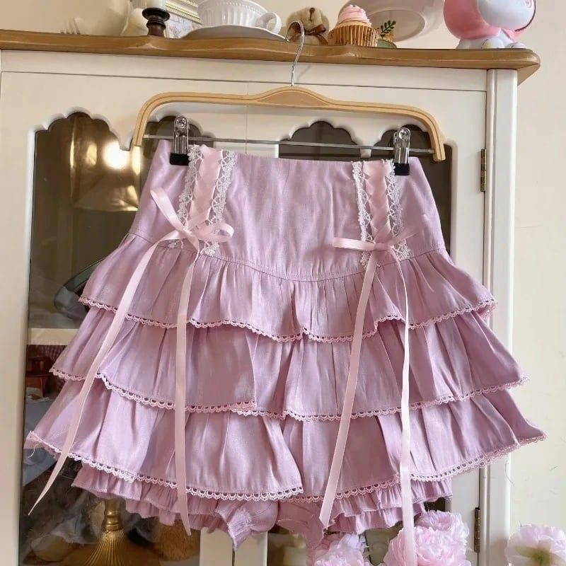 Purple Fairycore Lolita High Waist Ribbon Skirt with lace details and pleated soft girl aesthetic