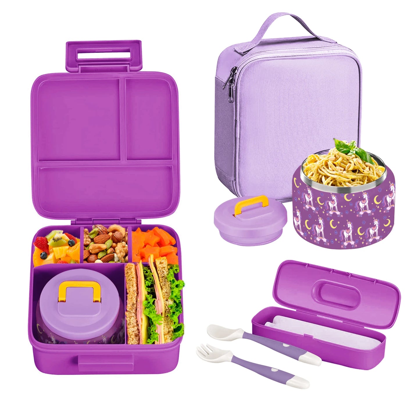 Purple unicorn lunchbox for DDLG/ABDL, kawaii cutecore lunch container with multiple compartments