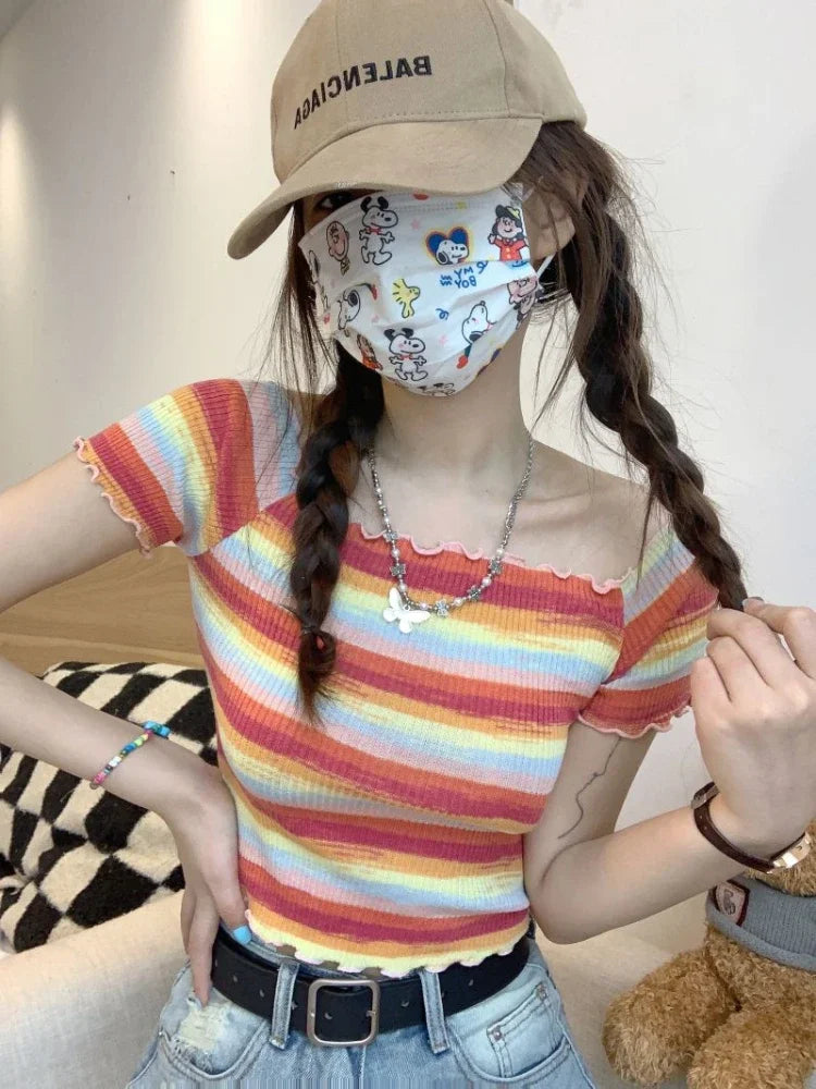 Multicolor rainbow off-shoulder crop top, soft fabric and kawaii fit for cutecore, little space outfits, or playful cosplay
