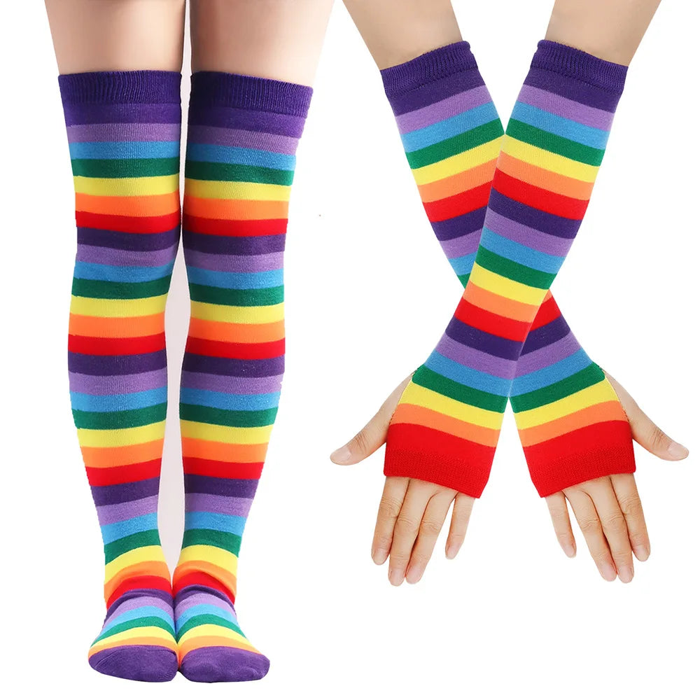 Rainbow Gloves & Stockings Set in purple multi-color, vibrant kawaii DDLG/ABDL accessory for layering