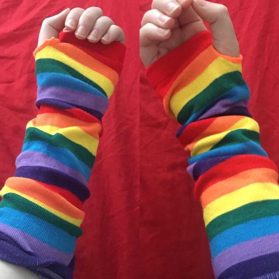 Colorful rainbow stripe gloves and thigh-high stockings set for kawaii outfits, TikTok fashion, and cozy style