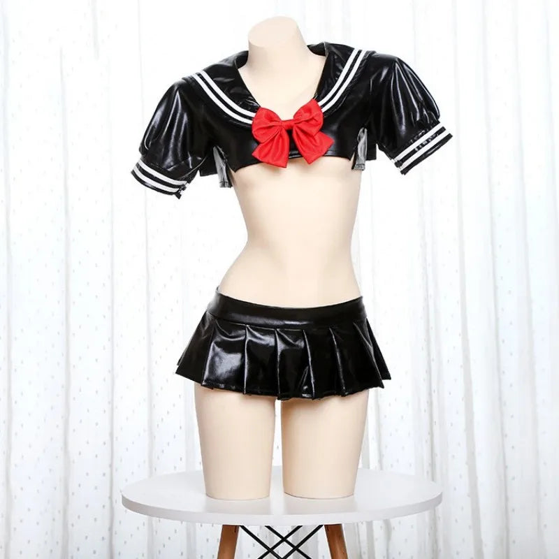Red black latex crop top and micro skirt set naughty schoolgirl baddie DDLG cosplay