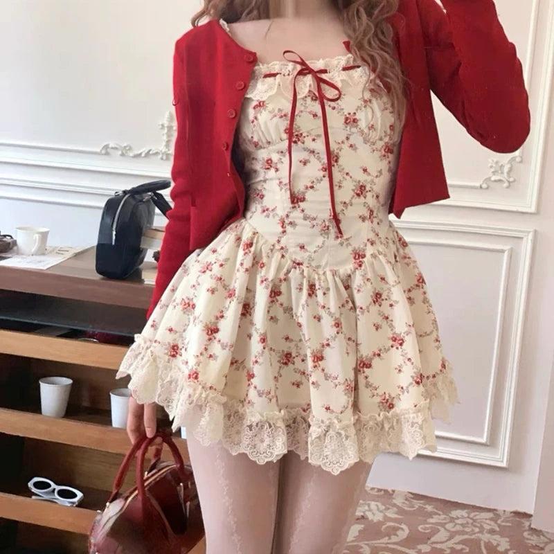 Red Blossom Date Dress Set with floral dress and cozy mini cardigan, perfect for picnics and casual dates