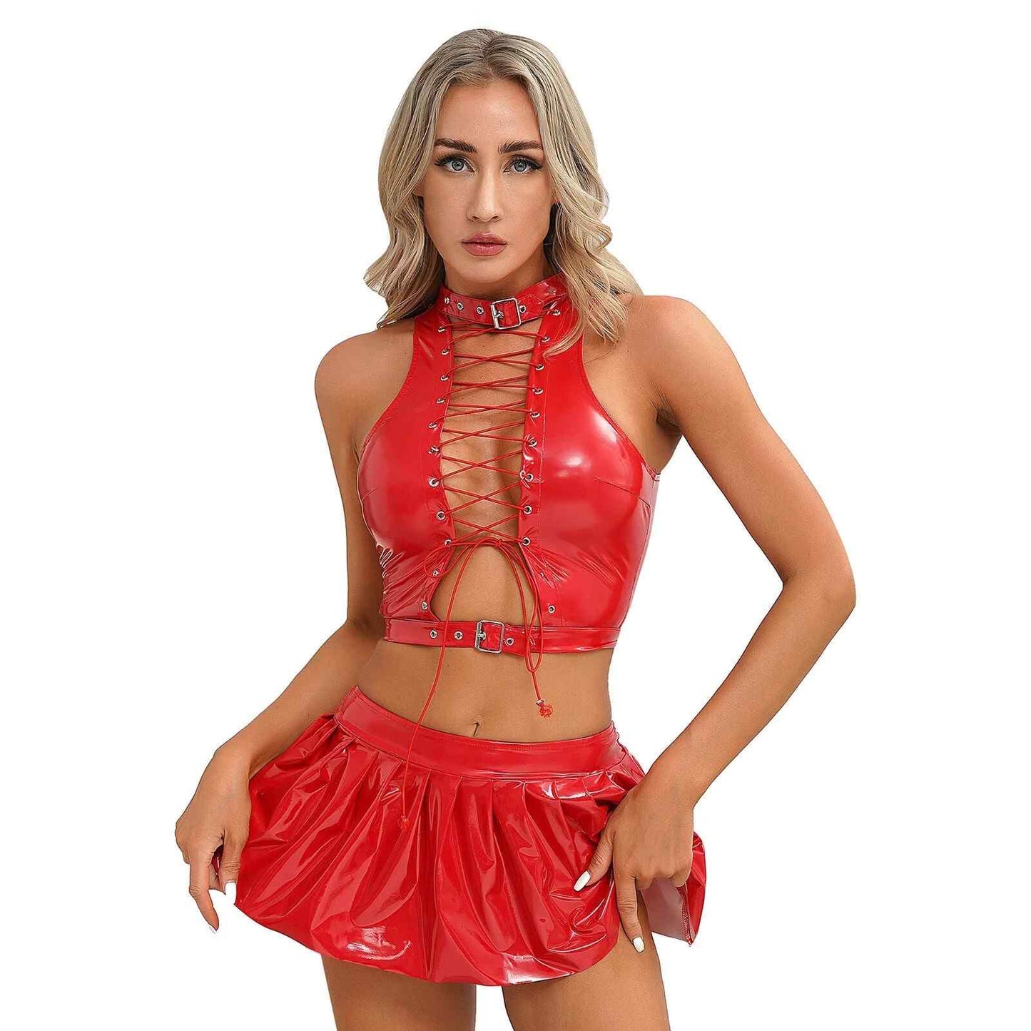 Red lace corset crop top, glossy latex fetish piece, edgy baddie & kinky DDLG fantasy top