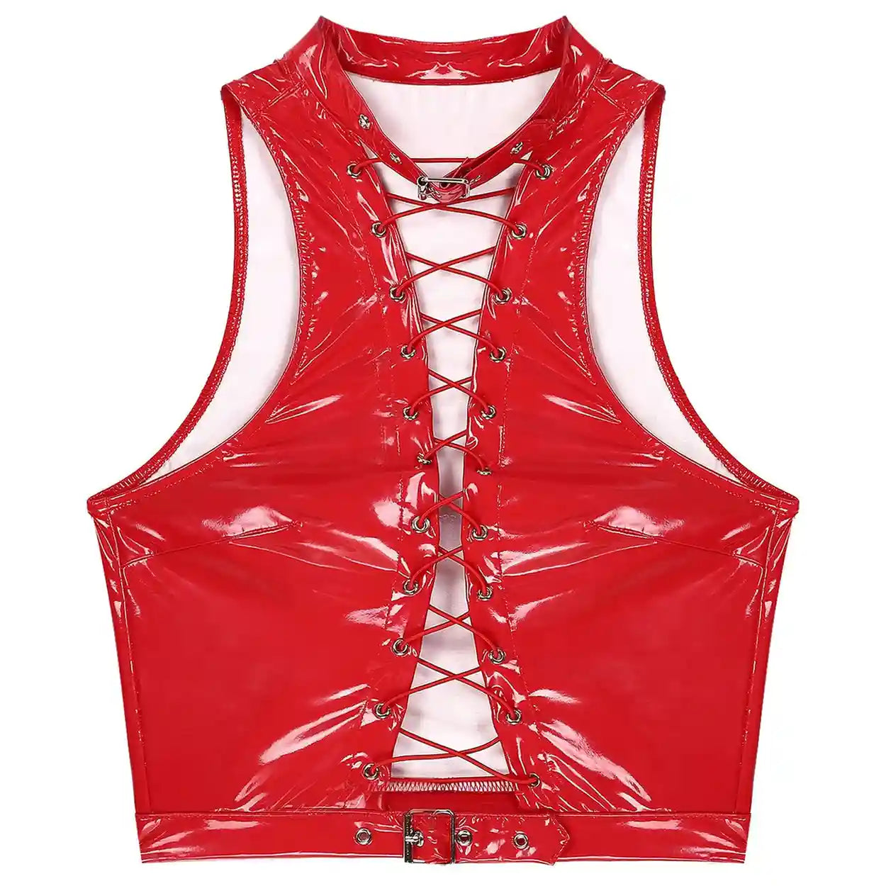 Red latex corset crop top, kinky fetish and freaky DDLG outfit, perfect for edgy cosplay & play