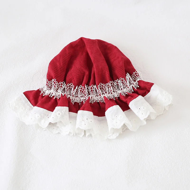 Vintage red lace bonnet with Lolita and cottagecore vibes